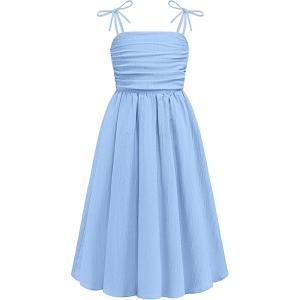 Arshiner Girls Summer Dress Maxi Spaghetti Strap Ruched Flowy Beach Boho Casual Teen Girl Sundress 6-14 Years(Light Blue)