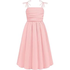 Arshiner Girls Summer Dress Maxi Spaghetti Strap Ruched Flowy Beach Boho Casual Teen Girl Sundress 6-14 Years(Pink)