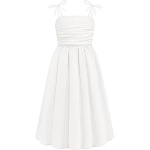 Arshiner Girls Summer Dress Maxi Spaghetti Strap Ruched Flowy Beach Boho Casual Teen Girl Sundress 6-14 Years(White)