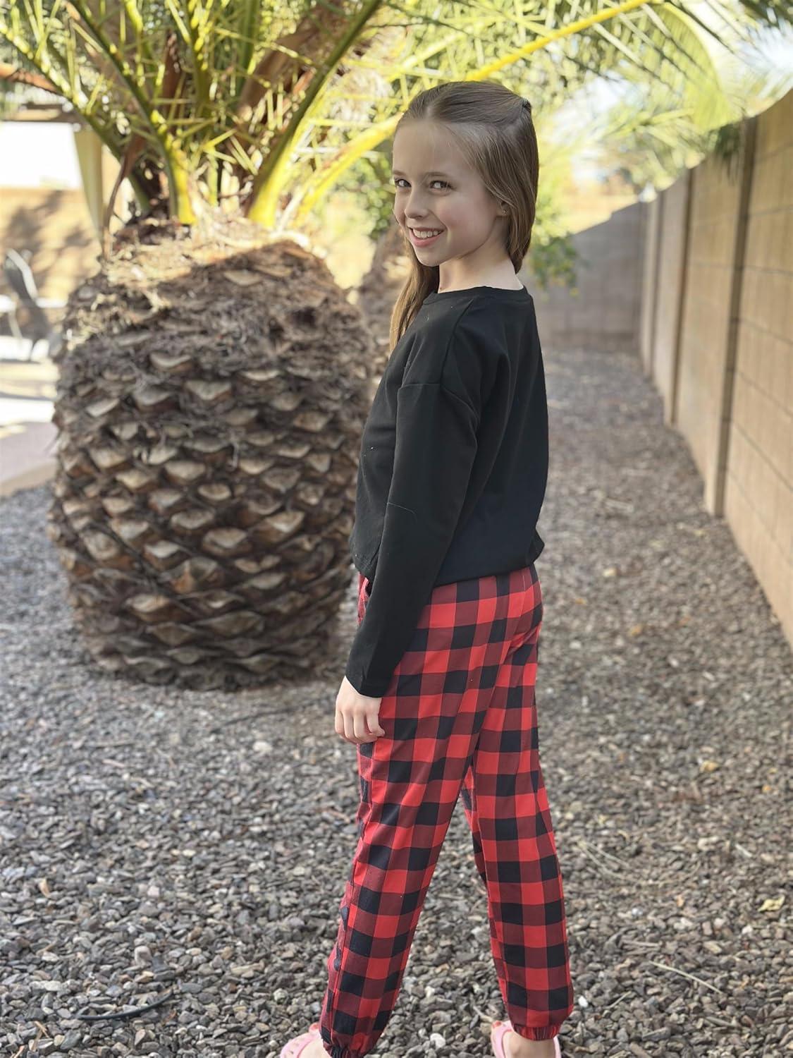 image:imageArshiner Girls 2 Piece Outfits Kids Tie Dye Sweatsuits Set Long Sleeve Shirt and Pants Set Size 514 YBlack Red Plaid