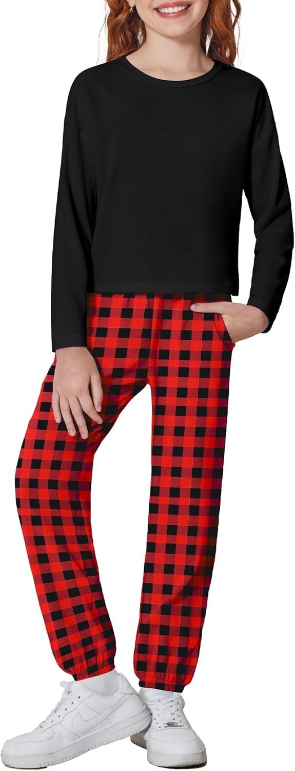 image:imageArshiner Girls 2 Piece Outfits Kids Tie Dye Sweatsuits Set Long Sleeve Shirt and Pants Set Size 514 YBlack Red Plaid