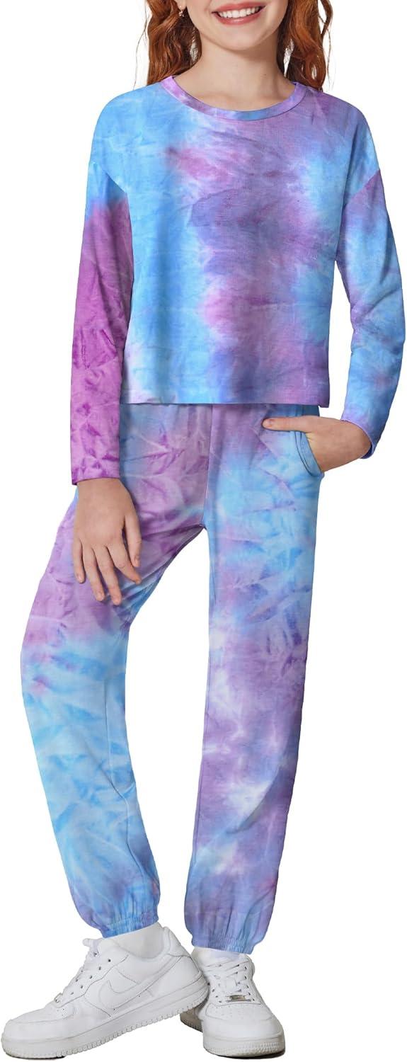 image:imageArshiner Girls 2 Piece Outfits Kids Tie Dye Sweatsuits Set Long Sleeve Shirt and Pants Set Size 514 YBluepurple