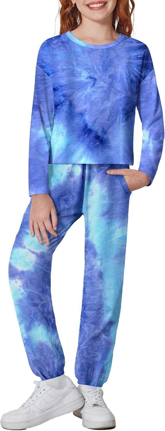 image:imageArshiner Girls 2 Piece Outfits Kids Tie Dye Sweatsuits Set Long Sleeve Shirt and Pants Set Size 514 YBluewhite