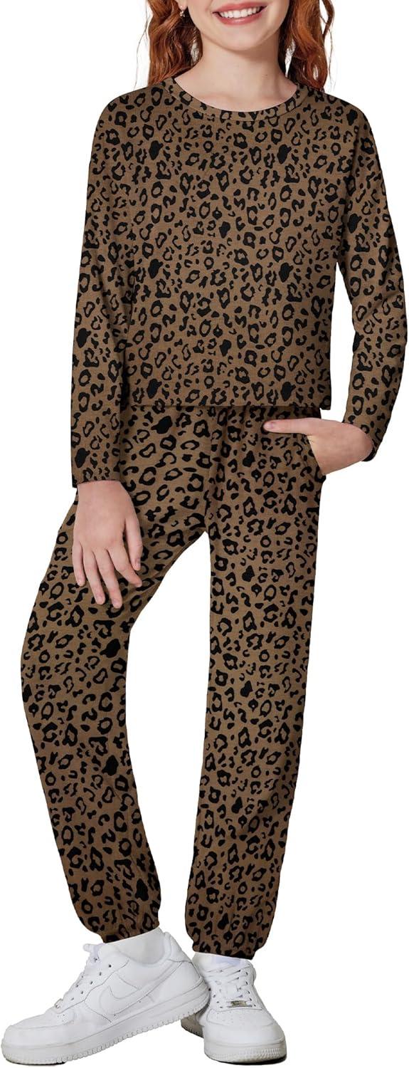 image:imageArshiner Girls 2 Piece Outfits Kids Tie Dye Sweatsuits Set Long Sleeve Shirt and Pants Set Size 514 YBrown Leopard