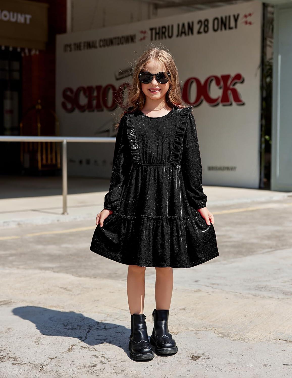 image:imageArshiner Girls Dress Long Sleeve Ruffled Hem Casual Velvet Dress with Pockets 514 YearsBlack
