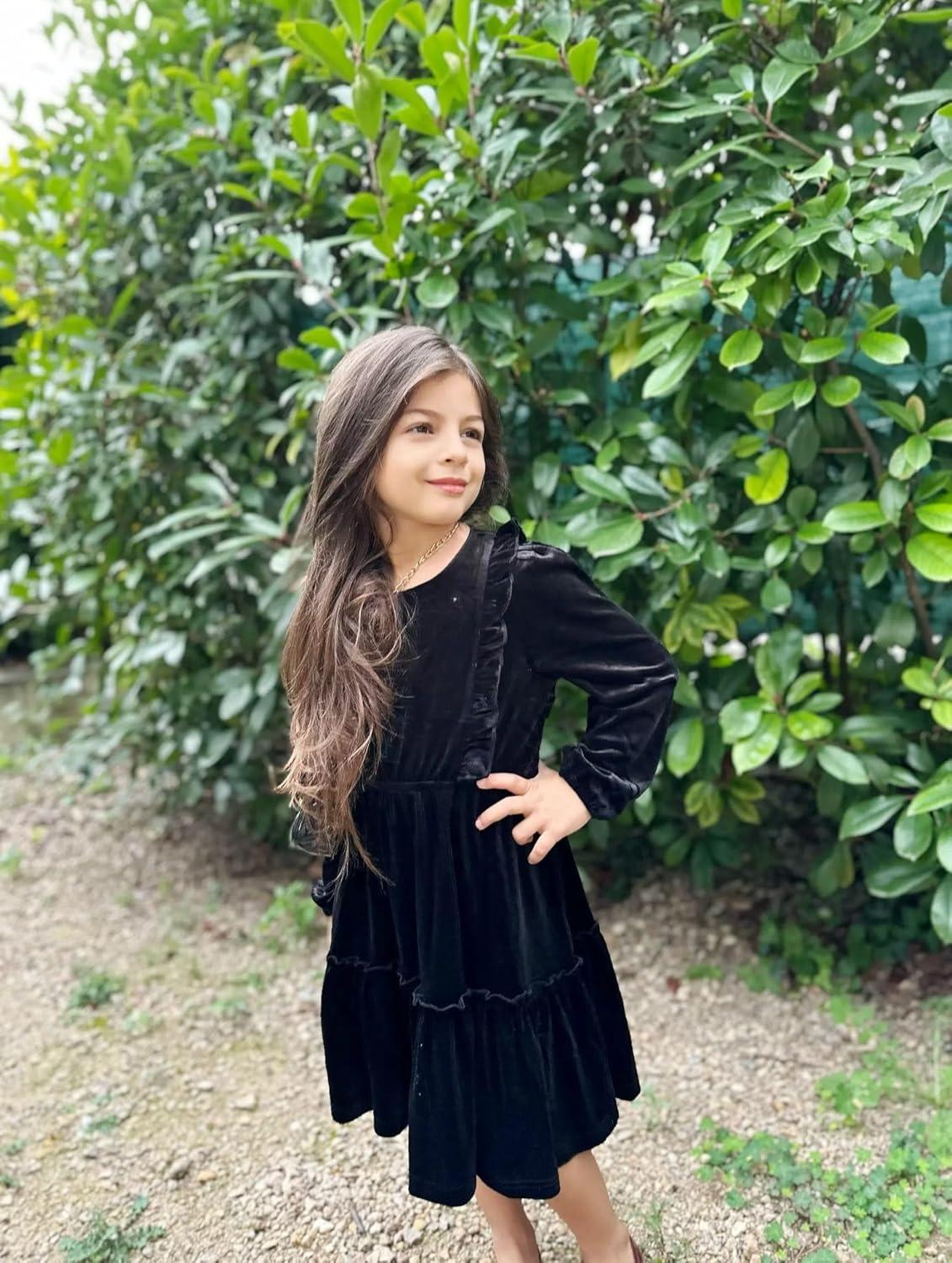image:imageArshiner Girls Dress Long Sleeve Ruffled Hem Casual Velvet Dress with Pockets 514 YearsBlack