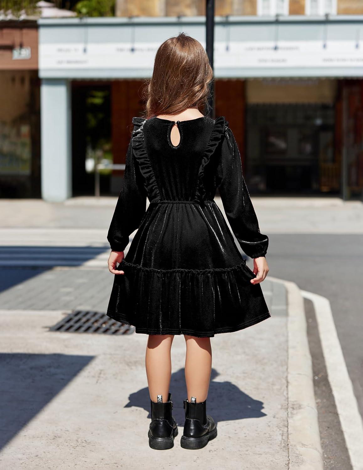 image:imageArshiner Girls Dress Long Sleeve Ruffled Hem Casual Velvet Dress with Pockets 514 YearsBlack