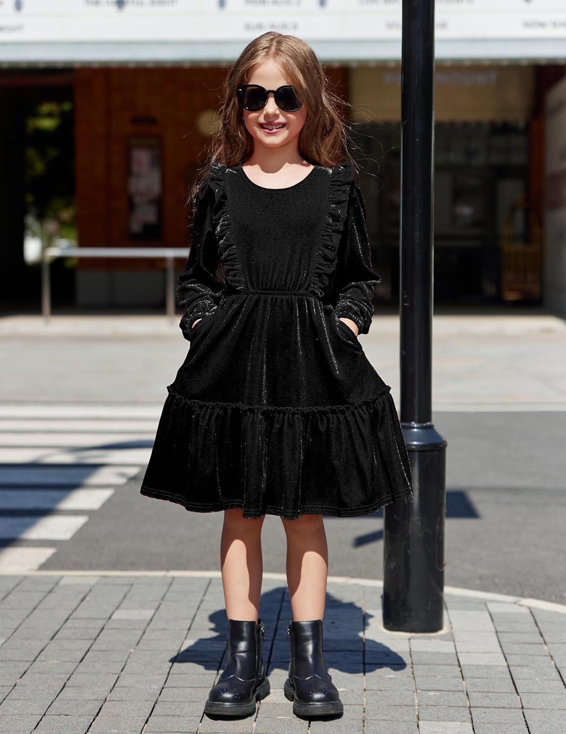 image:imageArshiner Girls Dress Long Sleeve Ruffled Hem Casual Velvet Dress with Pockets 514 YearsBlack