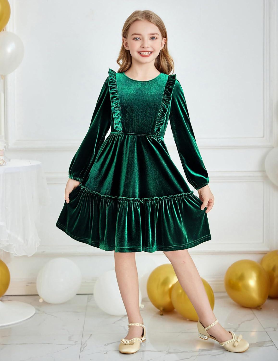 image:imageArshiner Girls Dress Long Sleeve Ruffled Hem Casual Velvet Dress with Pockets 514 YearsDark Green
