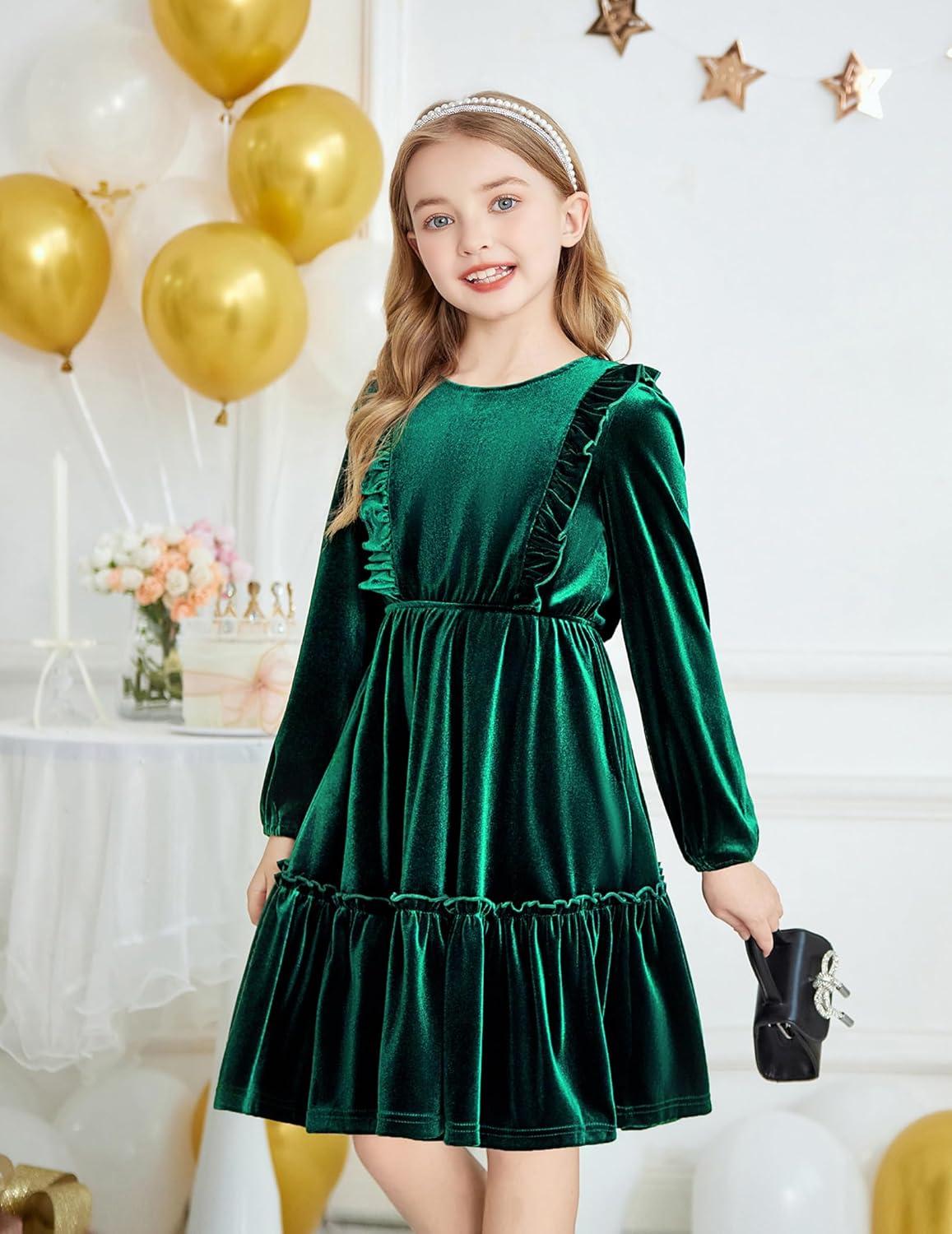 image:imageArshiner Girls Dress Long Sleeve Ruffled Hem Casual Velvet Dress with Pockets 514 YearsDark Green