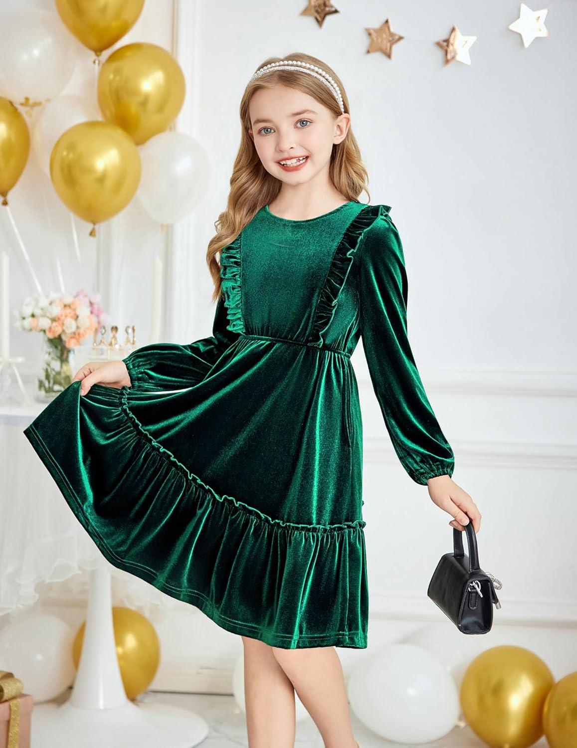 image:imageArshiner Girls Dress Long Sleeve Ruffled Hem Casual Velvet Dress with Pockets 514 YearsDark Green