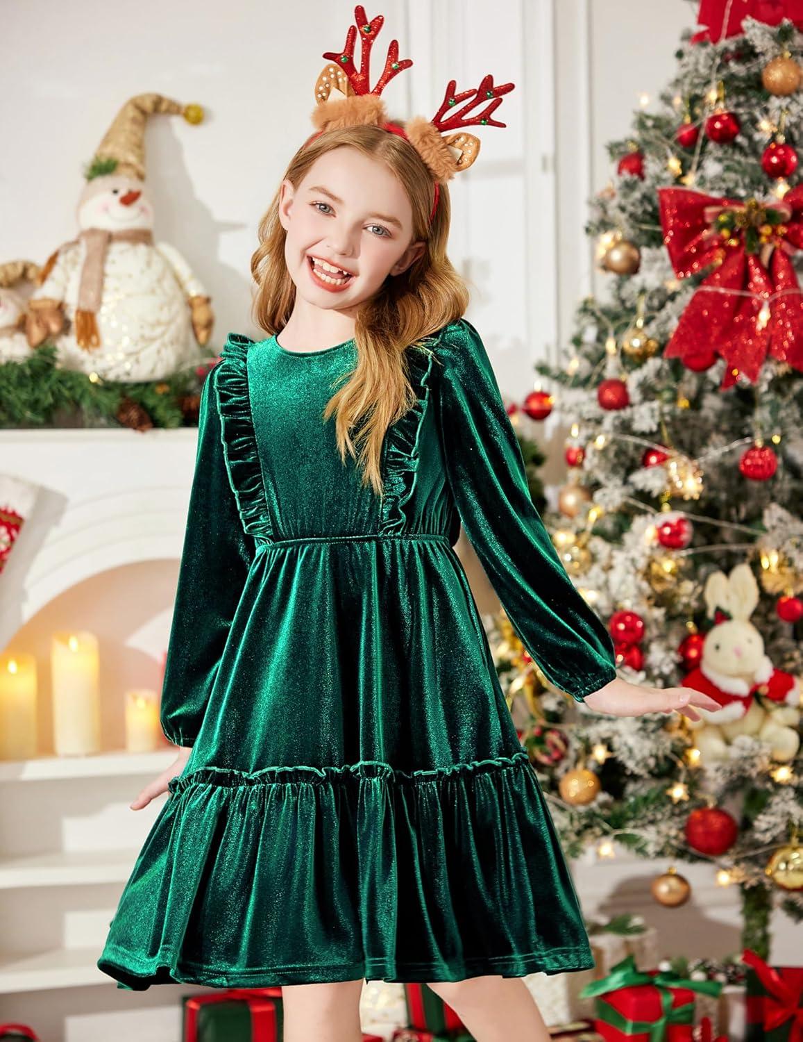 image:imageArshiner Girls Dress Long Sleeve Ruffled Hem Casual Velvet Dress with Pockets 514 YearsDark Green