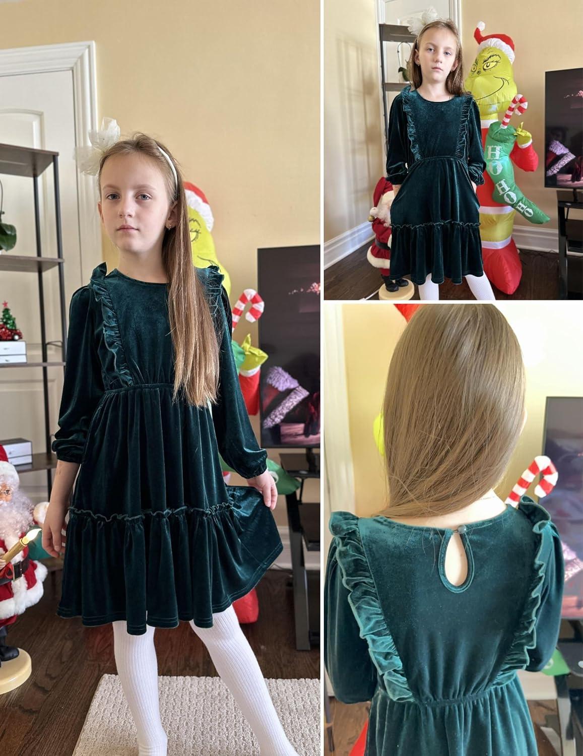 image:imageArshiner Girls Dress Long Sleeve Ruffled Hem Casual Velvet Dress with Pockets 514 YearsDark Green