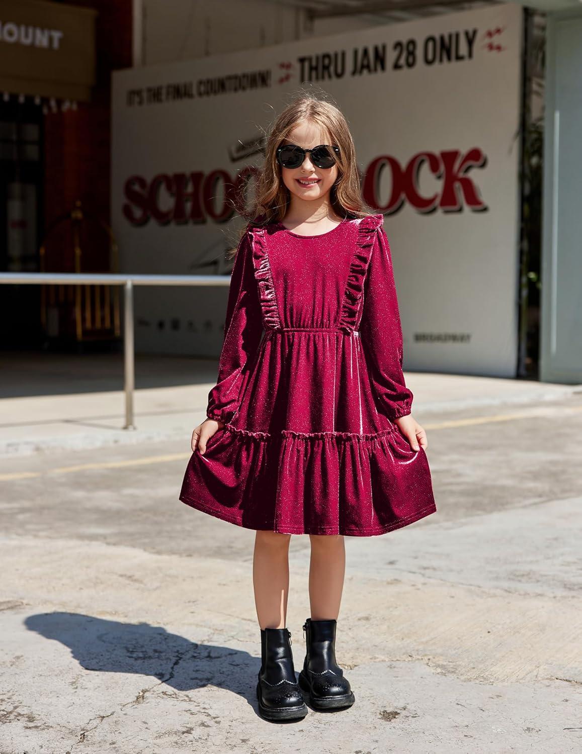 image:imageArshiner Girls Dress Long Sleeve Ruffled Hem Casual Velvet Dress with Pockets 514 YearsDark Red