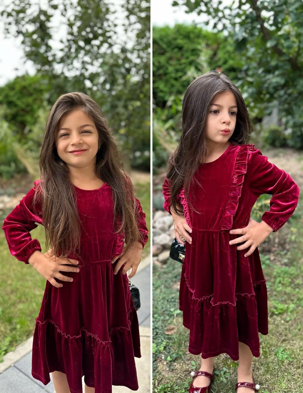image:imageArshiner Girls Dress Long Sleeve Ruffled Hem Casual Velvet Dress with Pockets 514 YearsDark Red