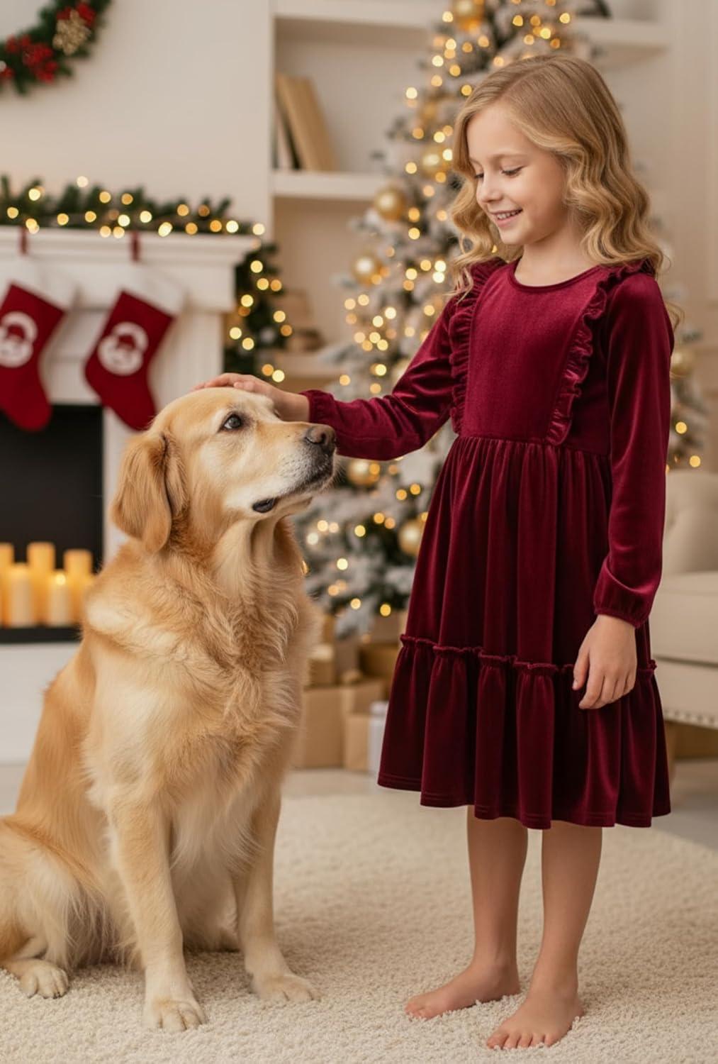 image:imageArshiner Girls Dress Long Sleeve Ruffled Hem Casual Velvet Dress with Pockets 514 YearsDark Red