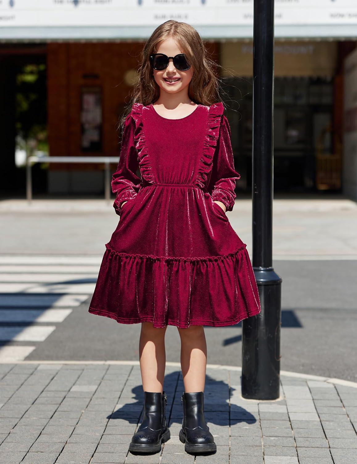 image:imageArshiner Girls Dress Long Sleeve Ruffled Hem Casual Velvet Dress with Pockets 514 YearsDark Red
