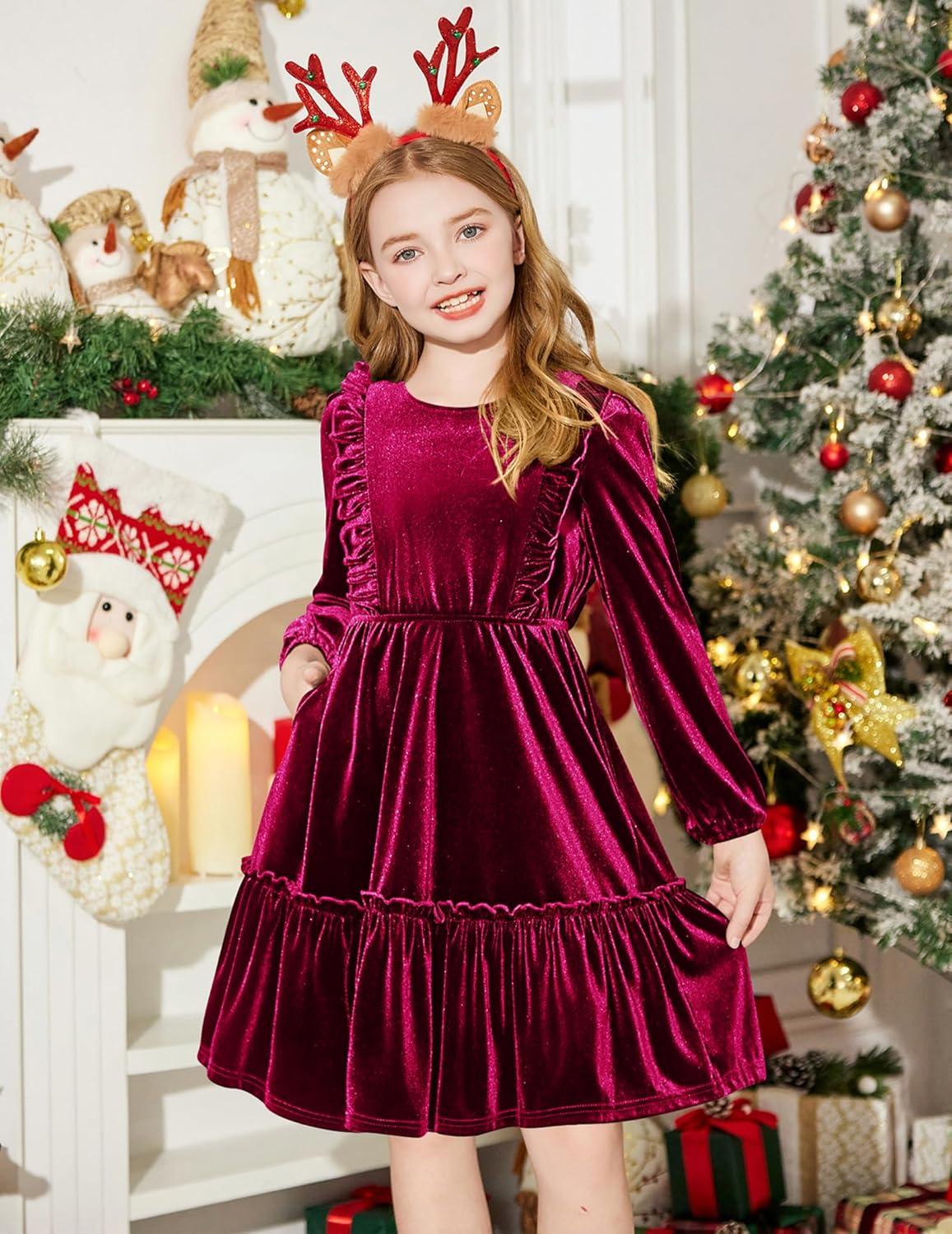 image:imageArshiner Girls Dress Long Sleeve Ruffled Hem Casual Velvet Dress with Pockets 514 YearsDark Red