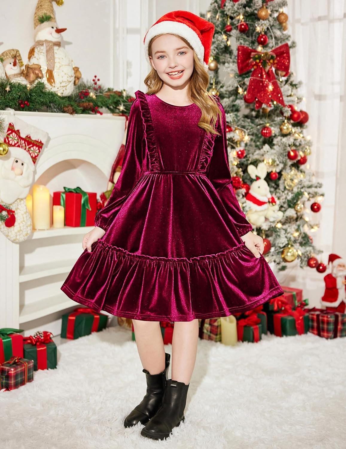 image:imageArshiner Girls Dress Long Sleeve Ruffled Hem Casual Velvet Dress with Pockets 514 YearsDark Red