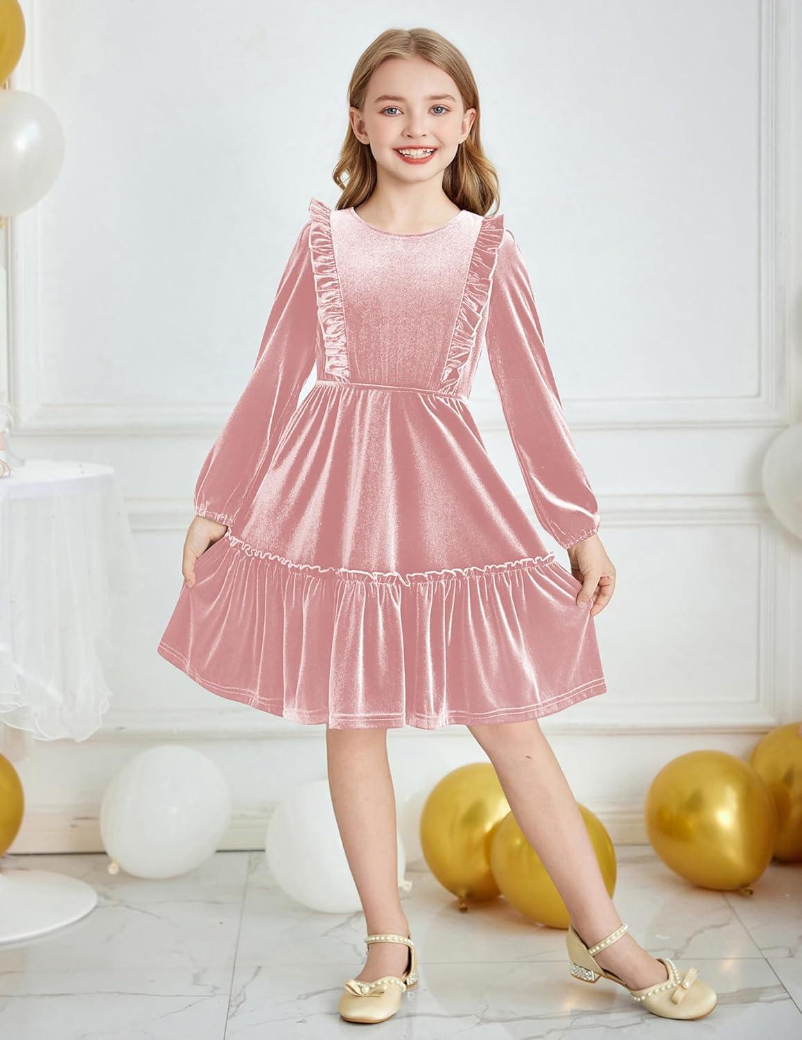 image:imageArshiner Girls Dress Long Sleeve Ruffled Hem Casual Velvet Dress with Pockets 514 YearsLight Pink