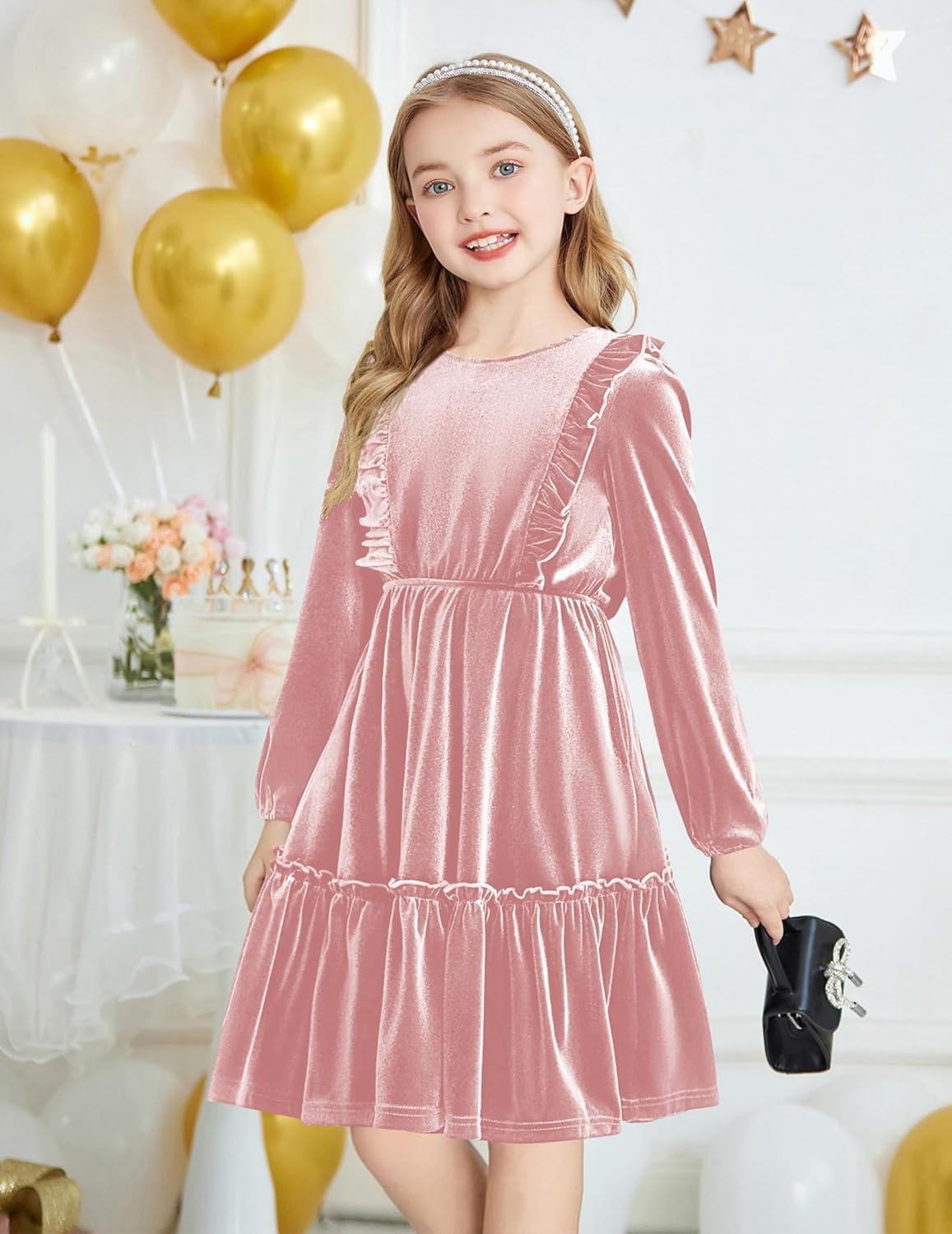 image:imageArshiner Girls Dress Long Sleeve Ruffled Hem Casual Velvet Dress with Pockets 514 YearsLight Pink