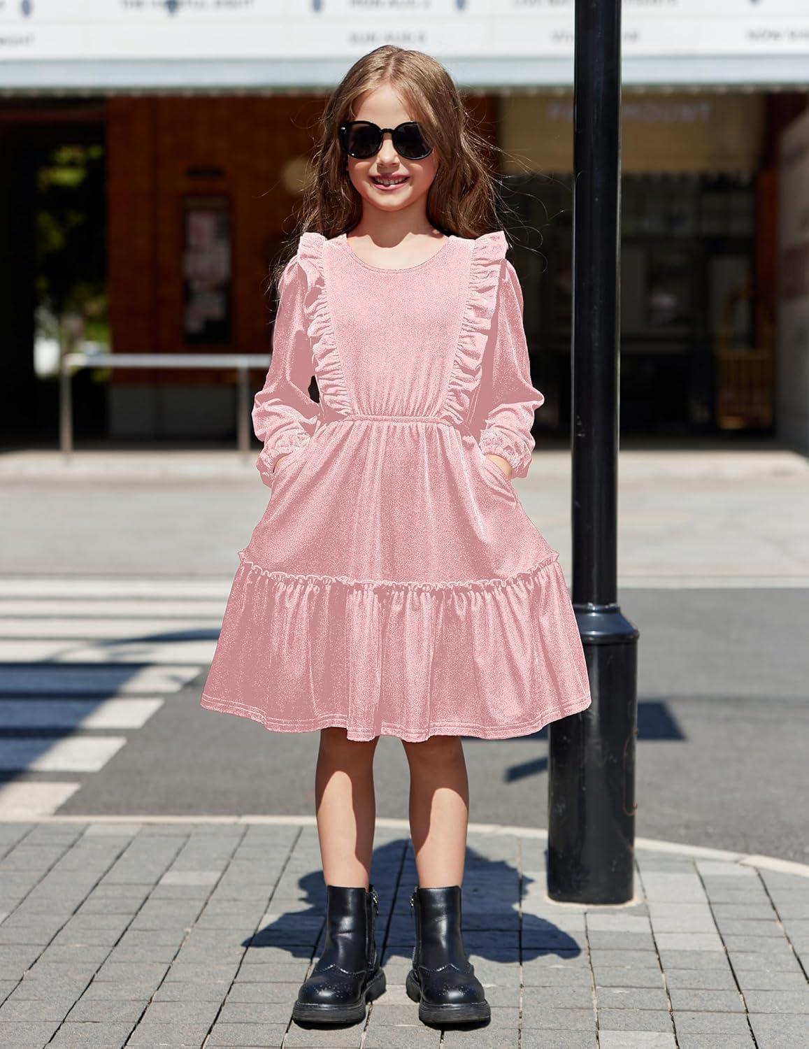 image:imageArshiner Girls Dress Long Sleeve Ruffled Hem Casual Velvet Dress with Pockets 514 YearsLight Pink