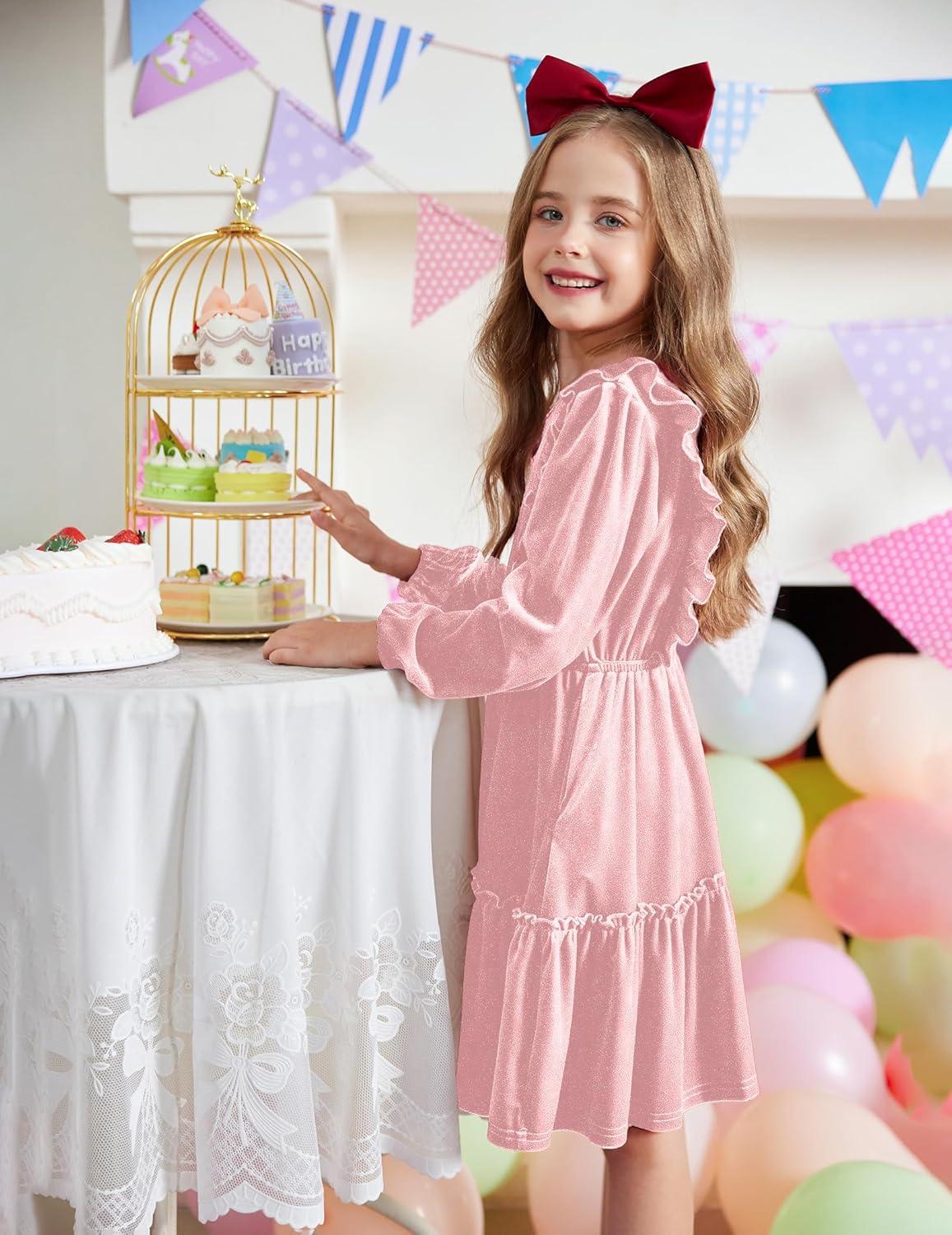 image:imageArshiner Girls Dress Long Sleeve Ruffled Hem Casual Velvet Dress with Pockets 514 YearsLight Pink