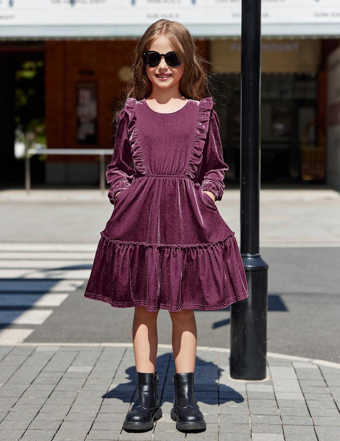 image:imageArshiner Girls Dress Long Sleeve Ruffled Hem Casual Velvet Dress with Pockets 514 YearsPurple