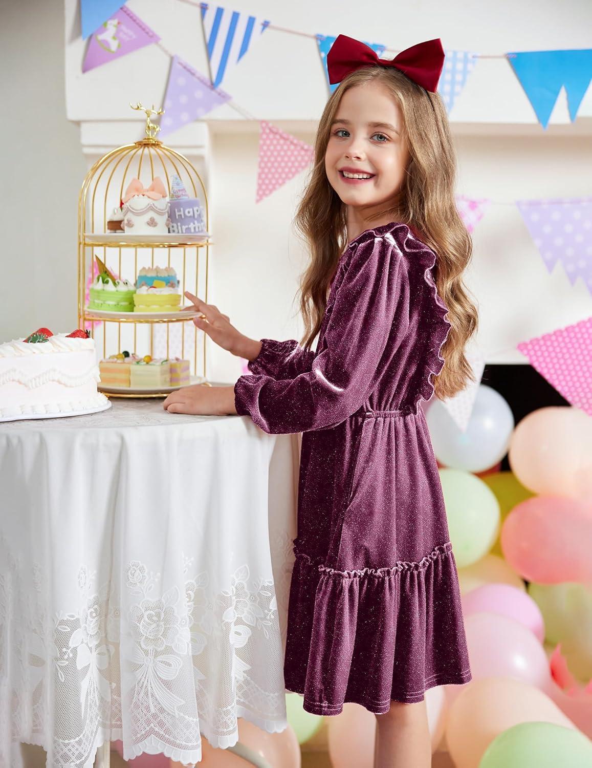 image:imageArshiner Girls Dress Long Sleeve Ruffled Hem Casual Velvet Dress with Pockets 514 YearsPurple