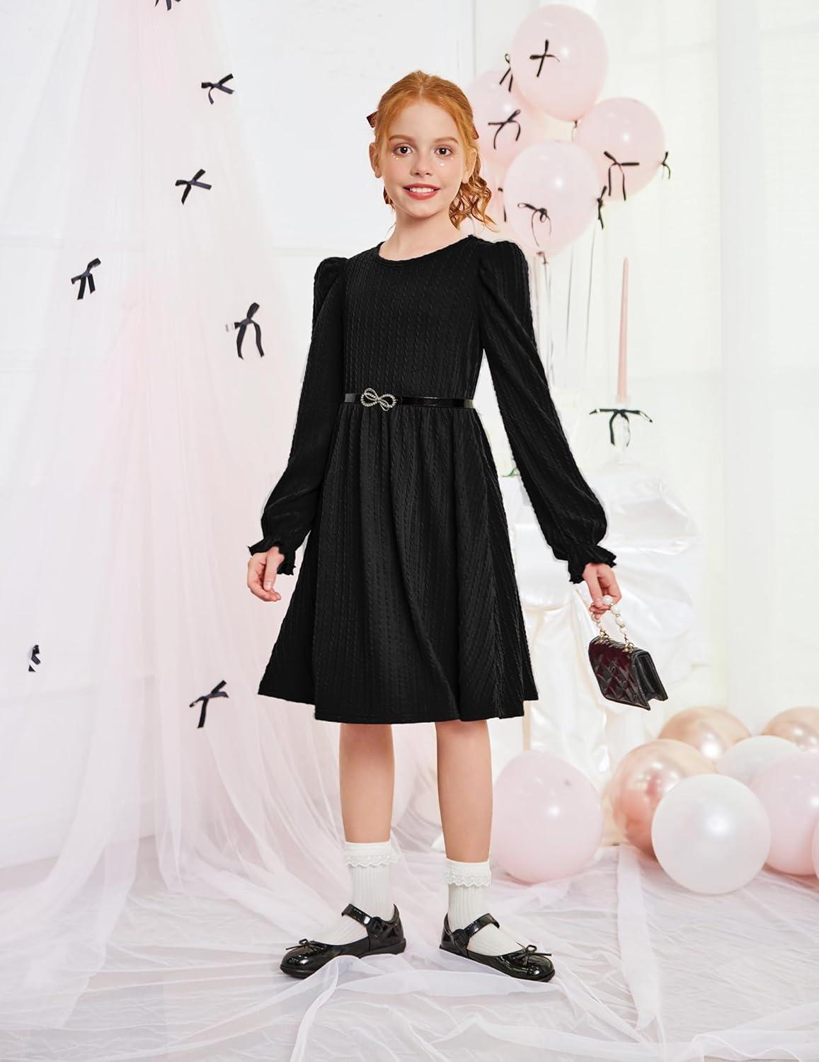 image:imageArshiner Girls Knit Dresses Puff Long Sleeve Fall Winter Casual Holiday Sweater Dress with PocketsBlack