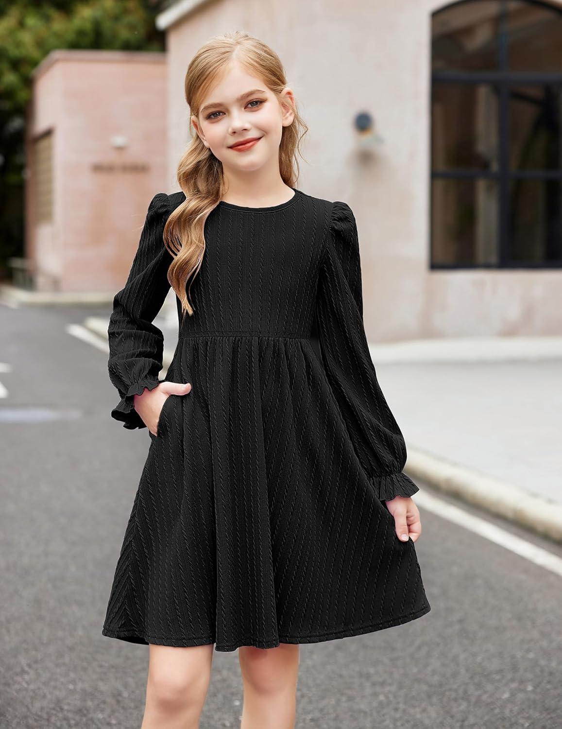 image:imageArshiner Girls Knit Dresses Puff Long Sleeve Fall Winter Casual Holiday Sweater Dress with PocketsBlack