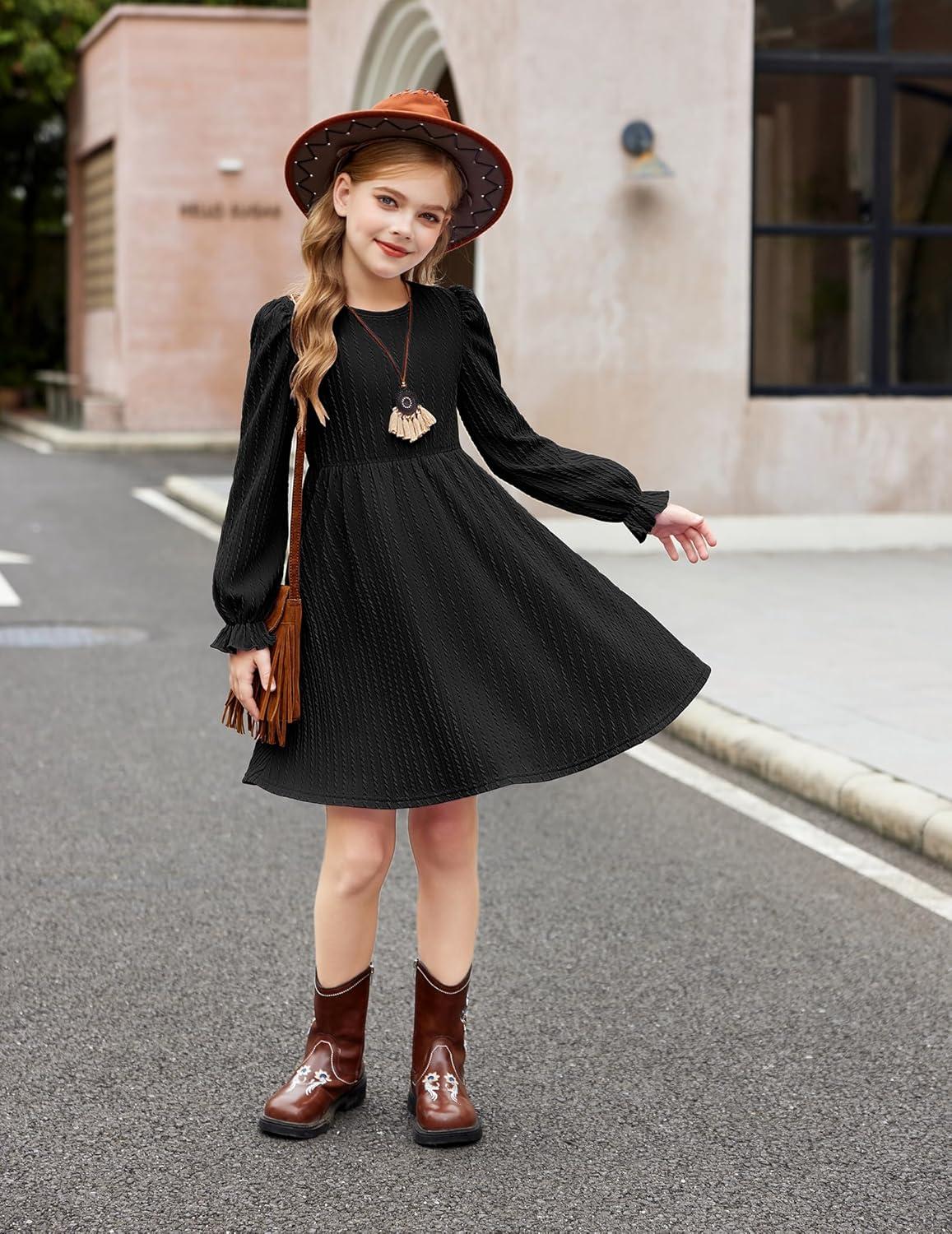 image:imageArshiner Girls Knit Dresses Puff Long Sleeve Fall Winter Casual Holiday Sweater Dress with PocketsBlack