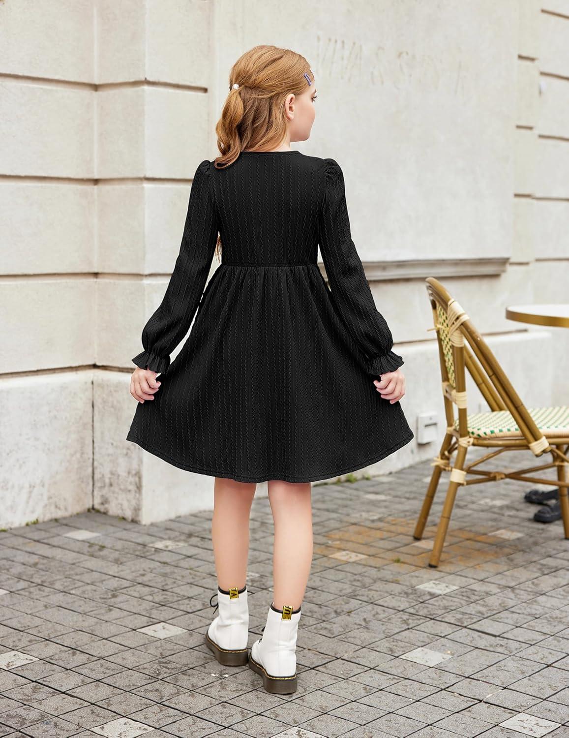 image:imageArshiner Girls Knit Dresses Puff Long Sleeve Fall Winter Casual Holiday Sweater Dress with PocketsBlack