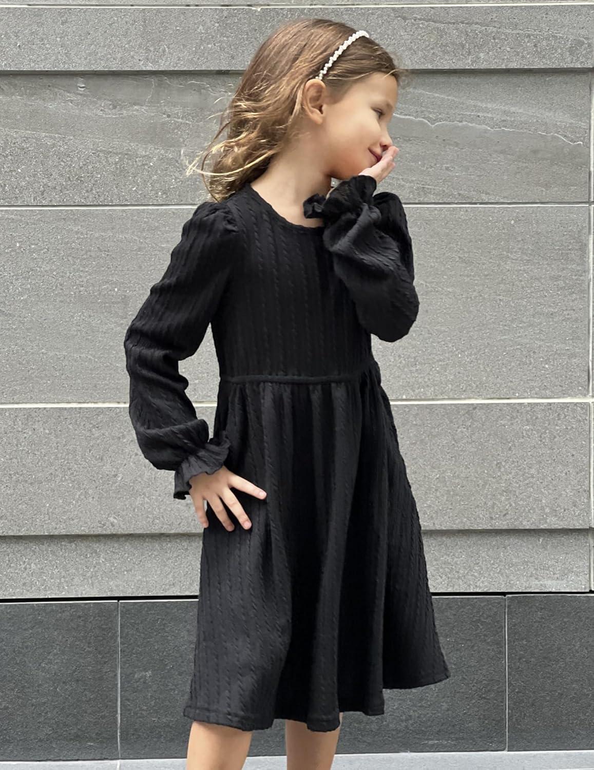 image:imageArshiner Girls Knit Dresses Puff Long Sleeve Fall Winter Casual Holiday Sweater Dress with PocketsBlack