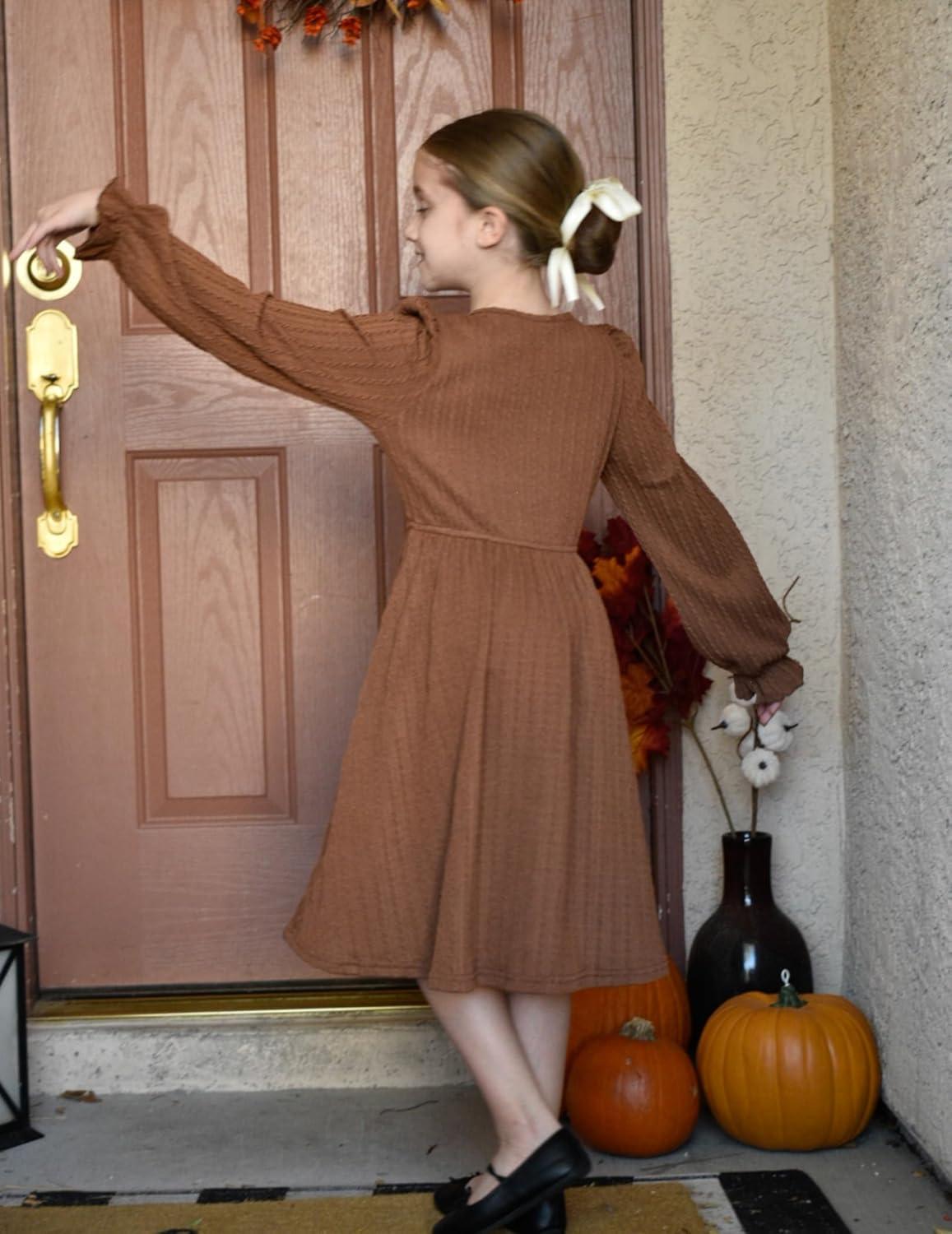 image:imageArshiner Girls Knit Dresses Puff Long Sleeve Fall Winter Casual Holiday Sweater Dress with PocketsBrown
