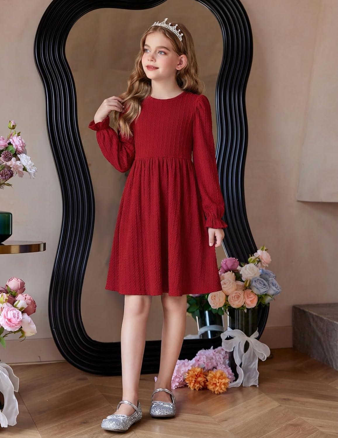 image:imageArshiner Girls Knit Dresses Puff Long Sleeve Fall Winter Casual Holiday Sweater Dress with PocketsBurgundy