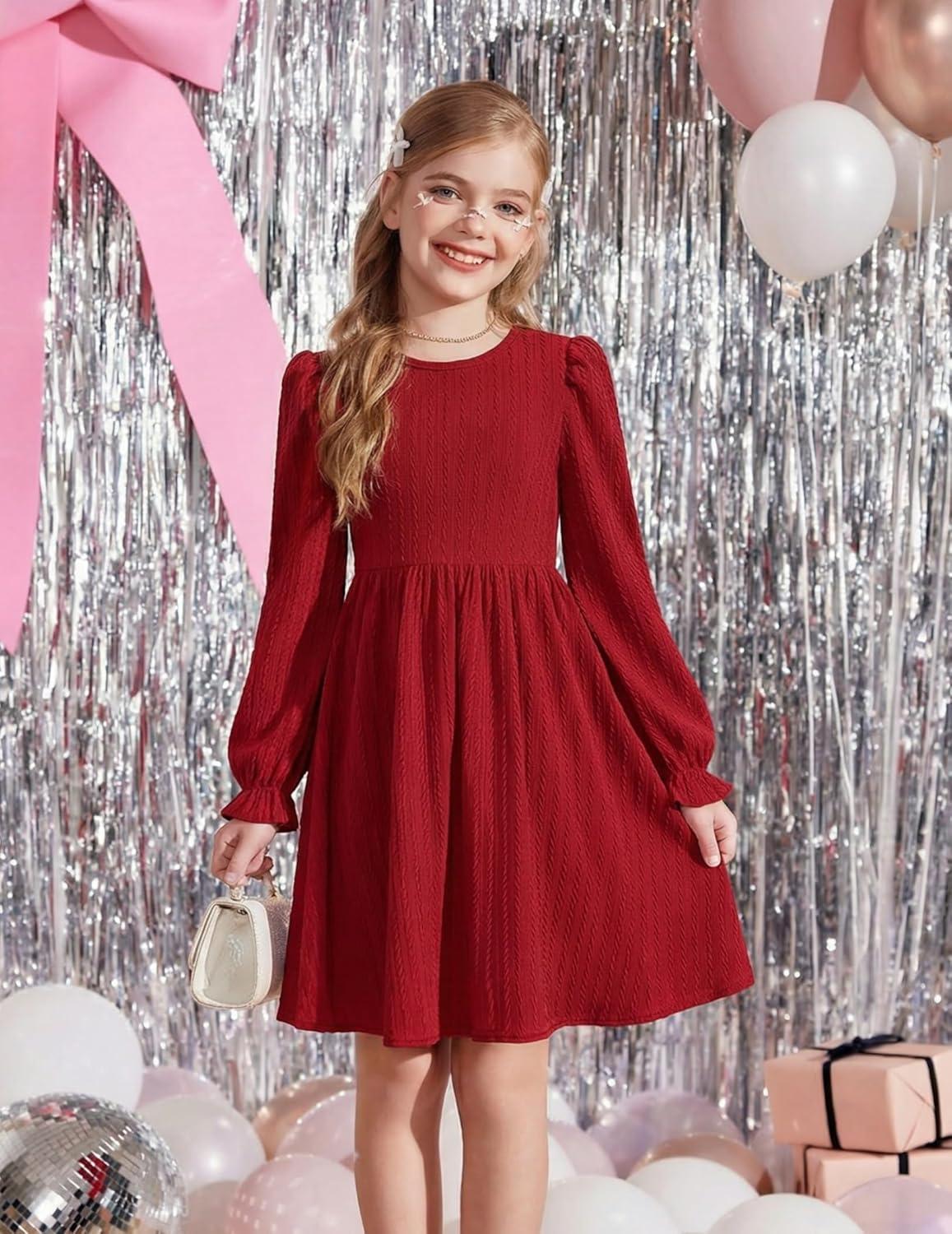 image:imageArshiner Girls Knit Dresses Puff Long Sleeve Fall Winter Casual Holiday Sweater Dress with PocketsBurgundy