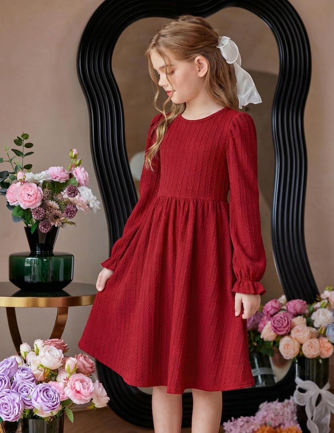 image:imageArshiner Girls Knit Dresses Puff Long Sleeve Fall Winter Casual Holiday Sweater Dress with PocketsBurgundy