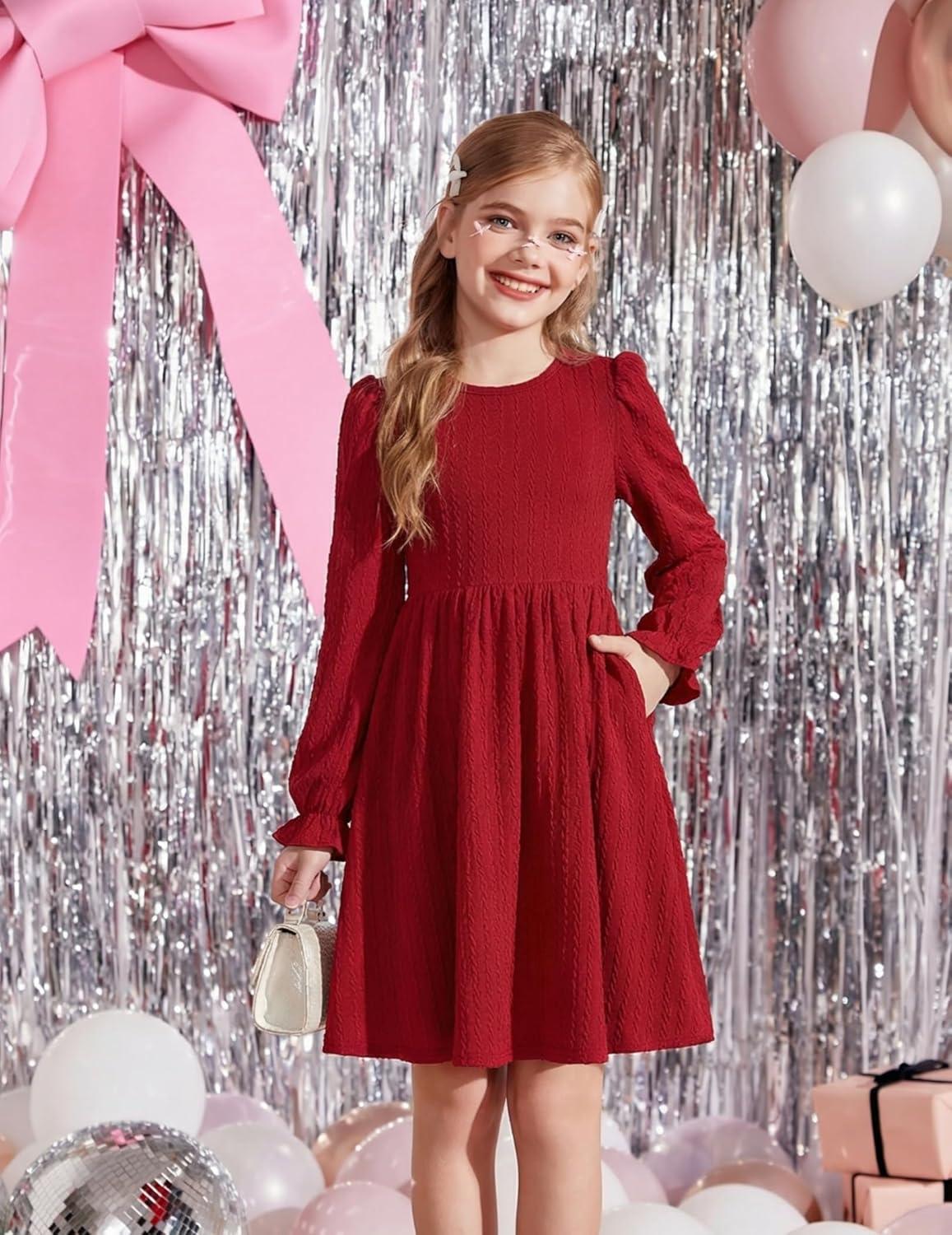 image:imageArshiner Girls Knit Dresses Puff Long Sleeve Fall Winter Casual Holiday Sweater Dress with PocketsBurgundy