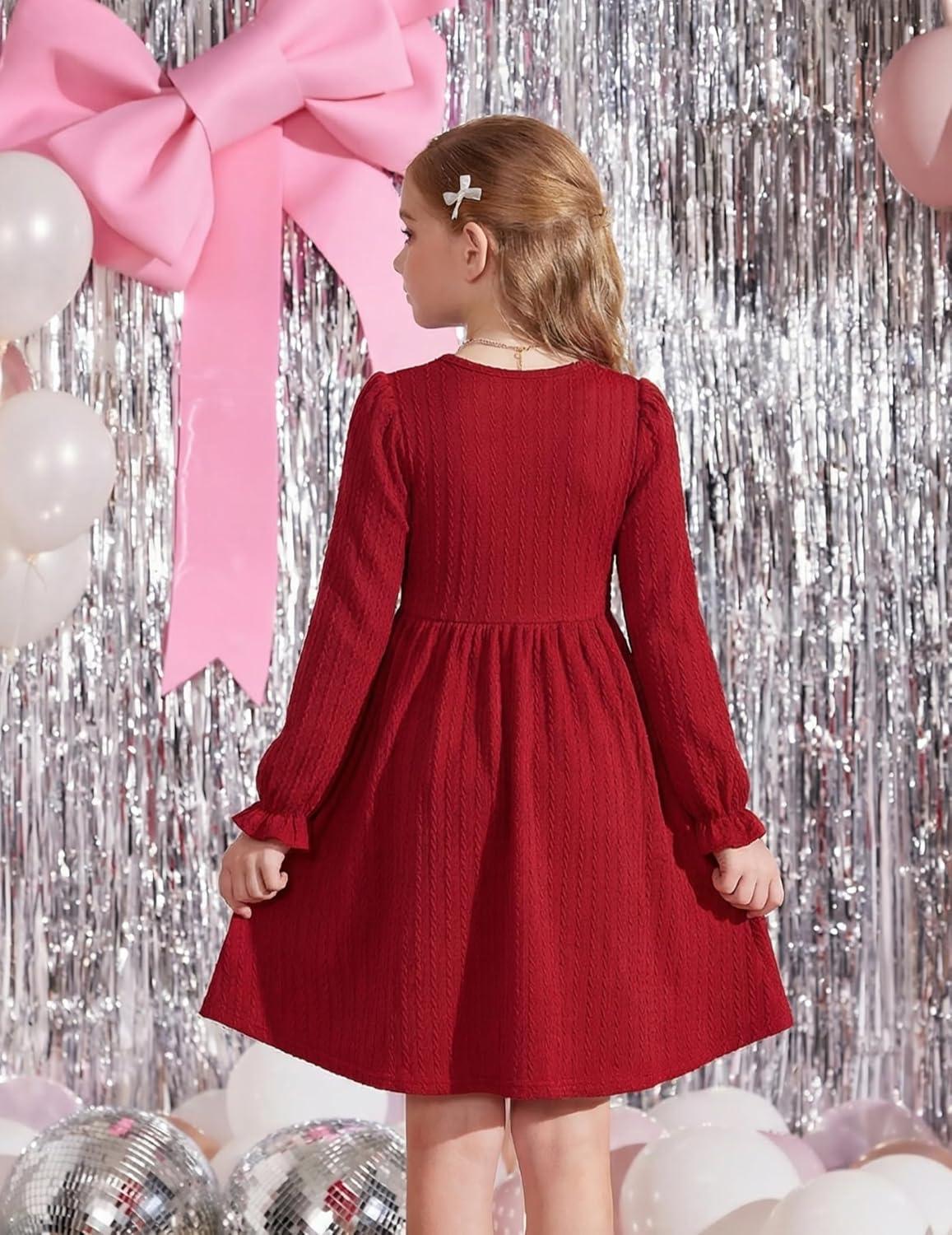 image:imageArshiner Girls Knit Dresses Puff Long Sleeve Fall Winter Casual Holiday Sweater Dress with PocketsBurgundy