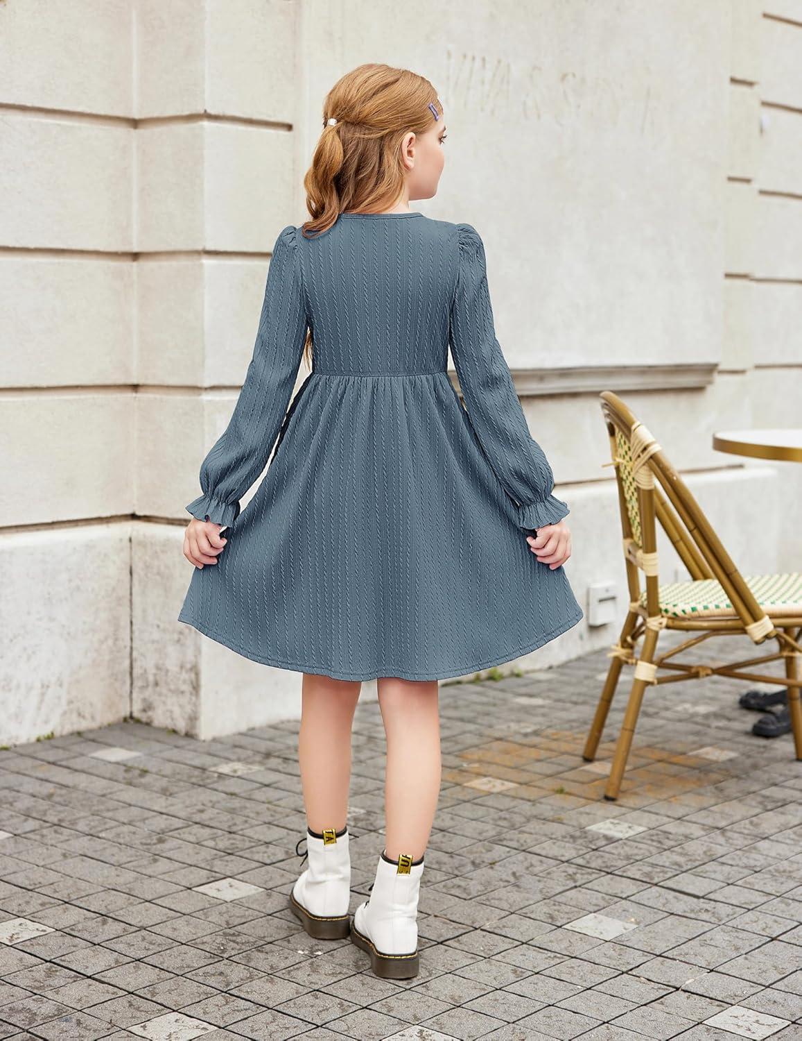 image:imageArshiner Girls Knit Dresses Puff Long Sleeve Fall Winter Casual Holiday Sweater Dress with PocketsDusty Blue