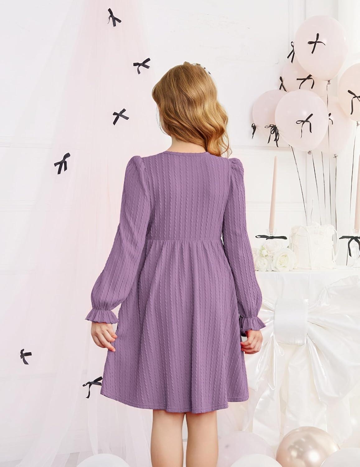image:imageArshiner Girls Knit Dresses Puff Long Sleeve Fall Winter Casual Holiday Sweater Dress with PocketsFuchsia