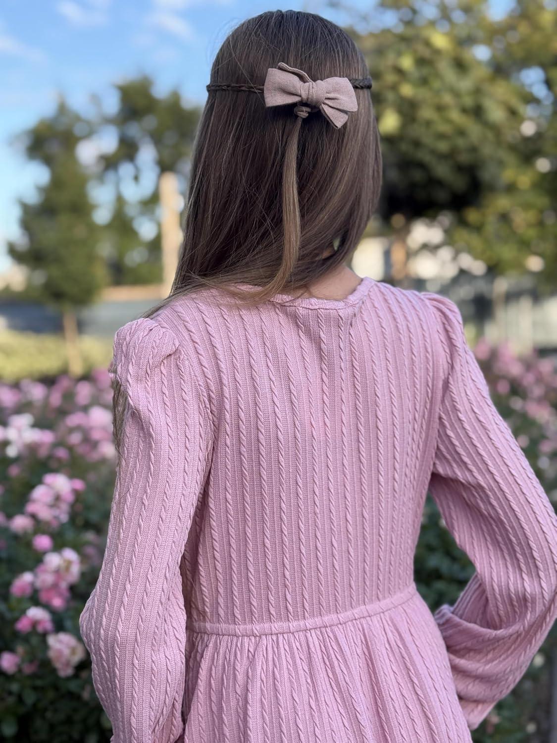 image:imageArshiner Girls Knit Dresses Puff Long Sleeve Fall Winter Casual Holiday Sweater Dress with PocketsPink
