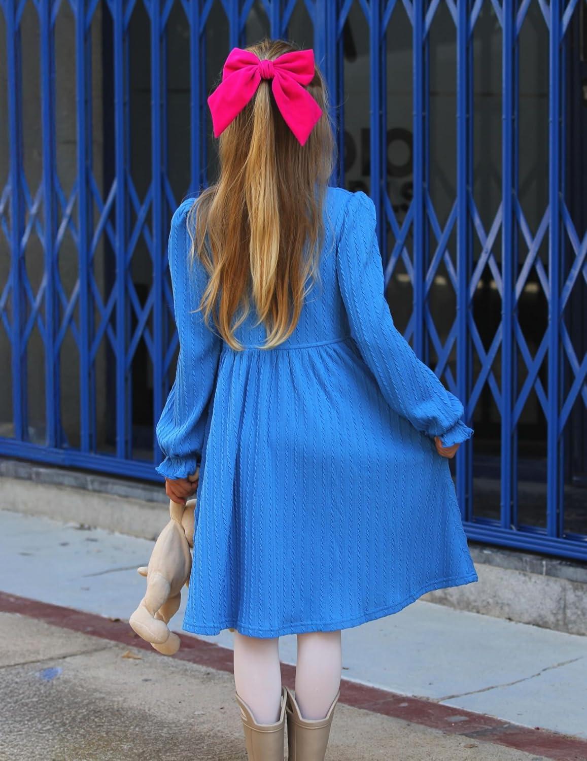 image:imageArshiner Girls Knit Dresses Puff Long Sleeve Fall Winter Casual Holiday Sweater Dress with PocketsRoyal Blue