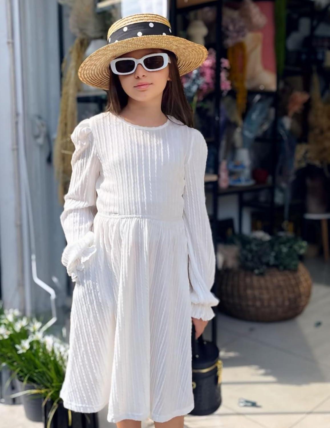 image:imageArshiner Girls Knit Dresses Puff Long Sleeve Fall Winter Casual Holiday Sweater Dress with PocketsWhite