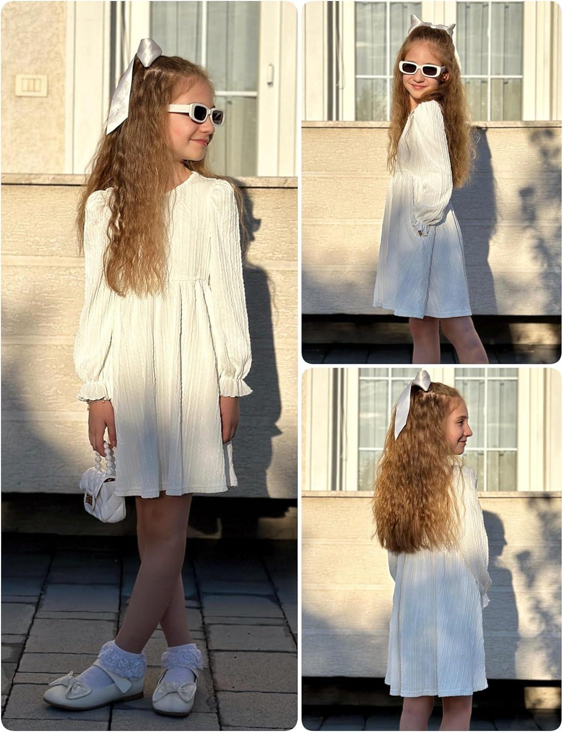image:imageArshiner Girls Knit Dresses Puff Long Sleeve Fall Winter Casual Holiday Sweater Dress with PocketsWhite