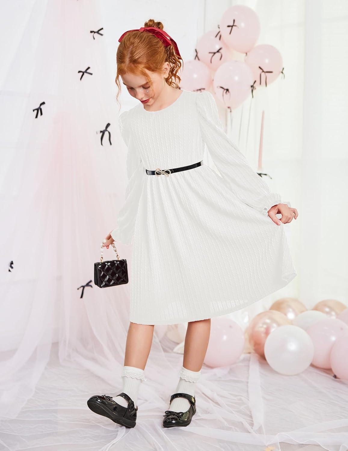 image:imageArshiner Girls Knit Dresses Puff Long Sleeve Fall Winter Casual Holiday Sweater Dress with PocketsWhite