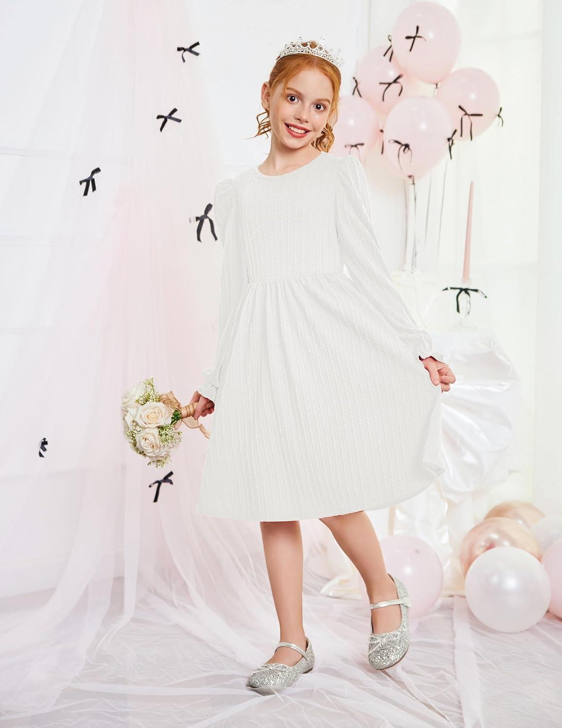 image:imageArshiner Girls Knit Dresses Puff Long Sleeve Fall Winter Casual Holiday Sweater Dress with PocketsWhite