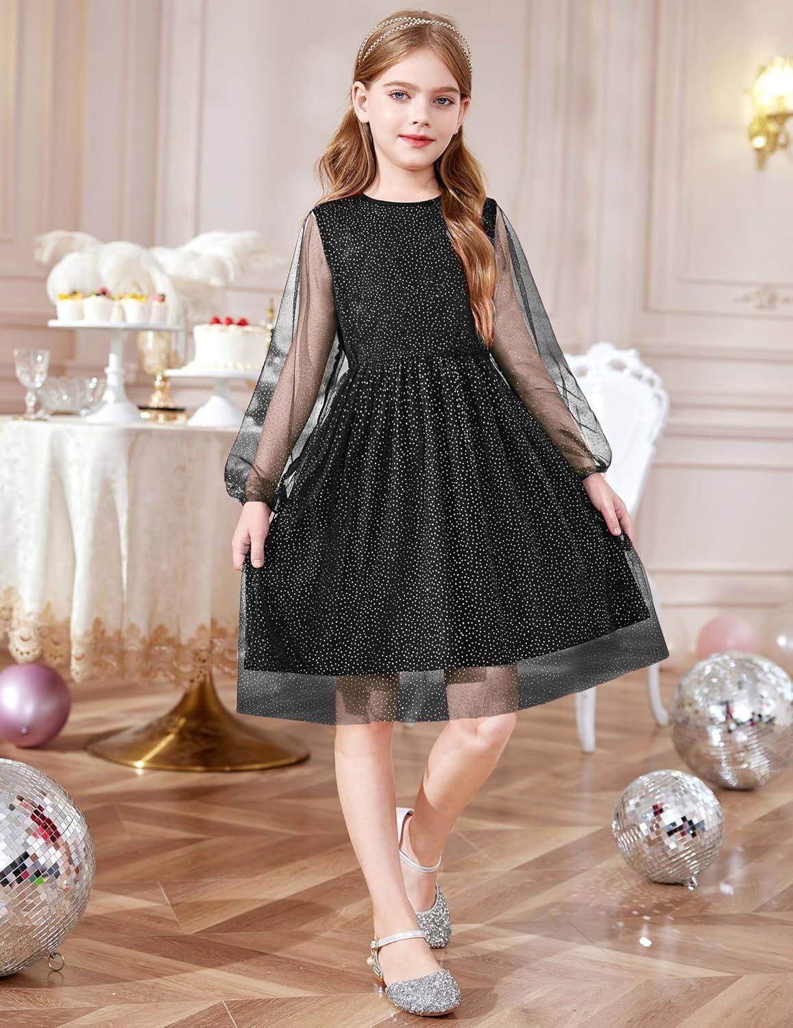 image:imageArshiner Girls Mesh Dress Long Sleeve Tulle Sparkle Glitter Polka Dot Party Holiday Dresses Kids ClothesBlack