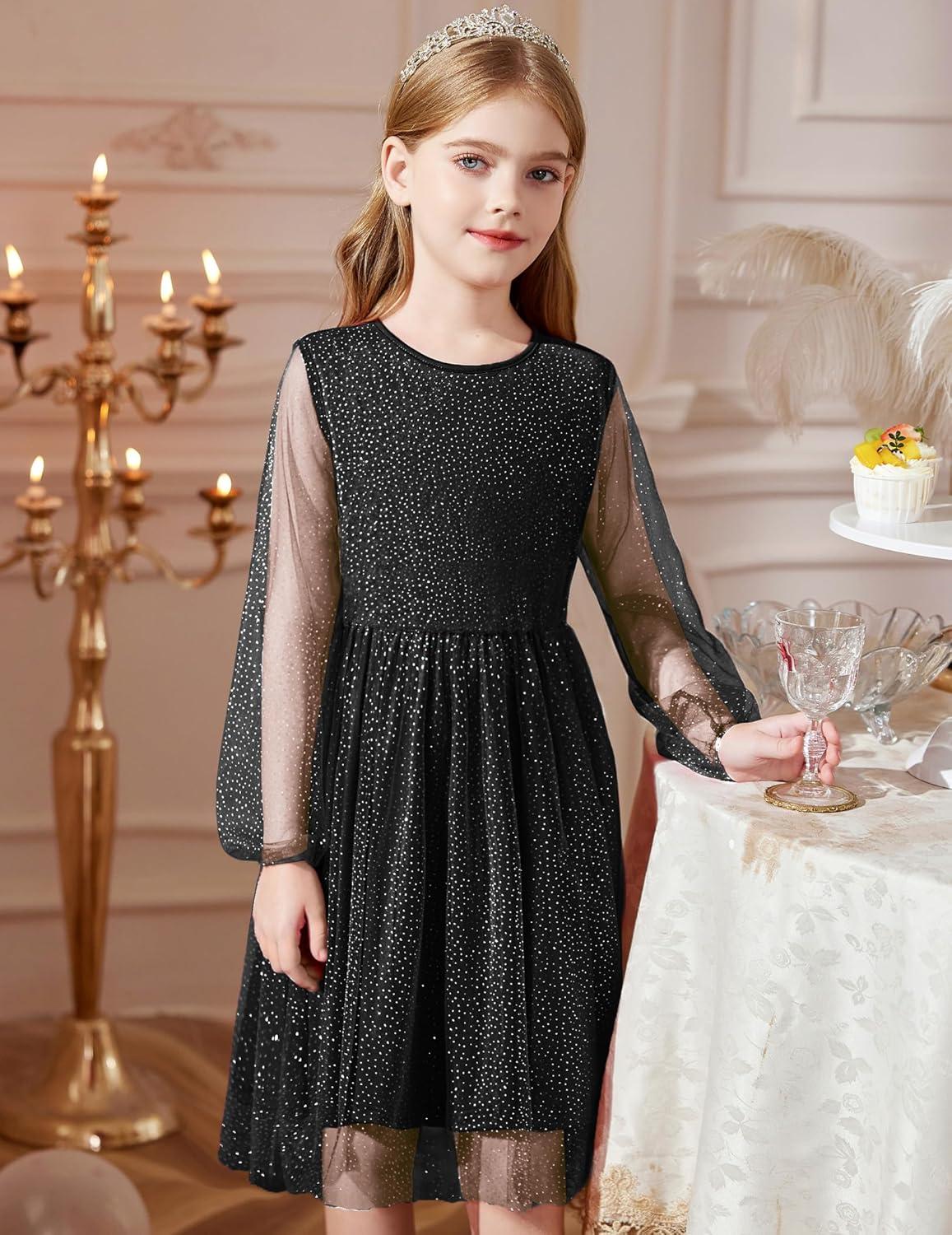 image:imageArshiner Girls Mesh Dress Long Sleeve Tulle Sparkle Glitter Polka Dot Party Holiday Dresses Kids ClothesBlack